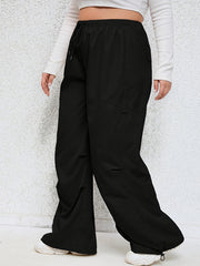  Solid Elastic Drawstring High Rise Wide Leg Cargo Trousers