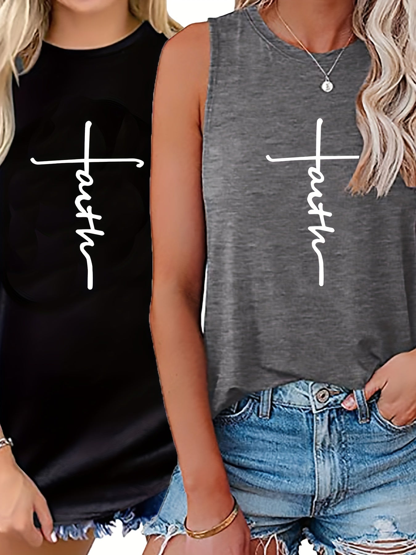 Faith Print 2pcs Tank Top Set Sleeveless Crew Neck Casual Two piece Set