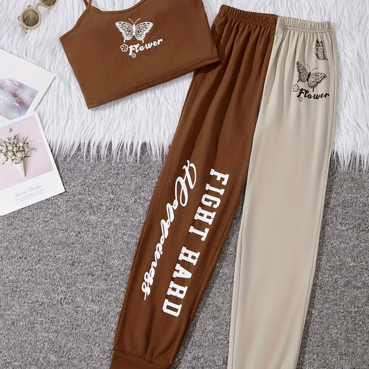 Girls Butterfly & Letter Cami Top & Sweatpants Set Kids Summer Clothes