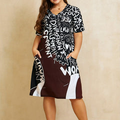 Women's Plus Colorblock Letter Print V Neck Dress With Pockets