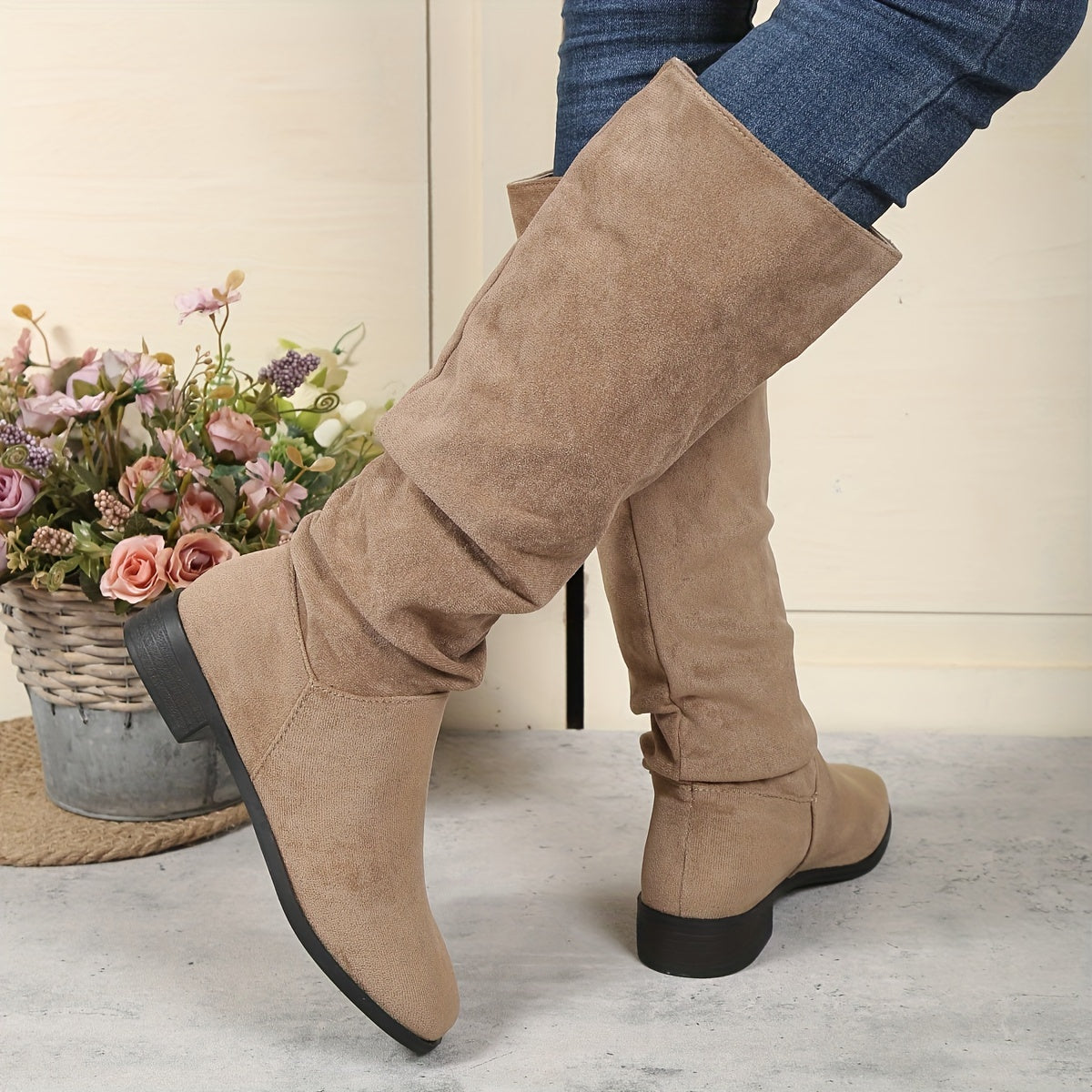Women's Slouch Knee High Boots Round Toe Pull On Micro Suede Boots