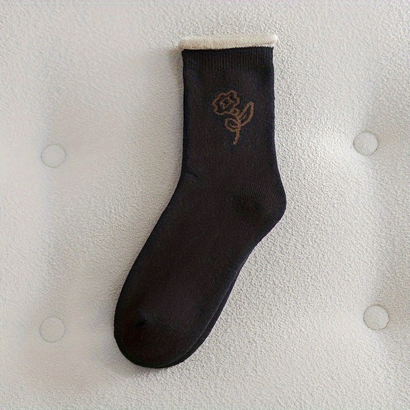 5 Pairs Floral Print Socks Comfy & Warm Mid Tube Socks Women's Stockings