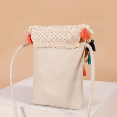 Straw Crossbody Bag with Colorful Tassel Decor