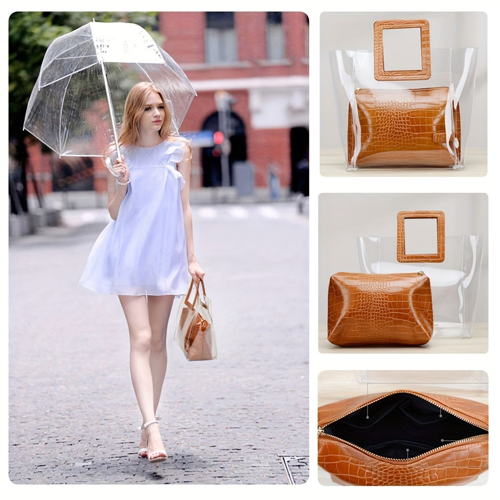 2pcs Transparent Tote Bag Set Crocodile Pattern Handle