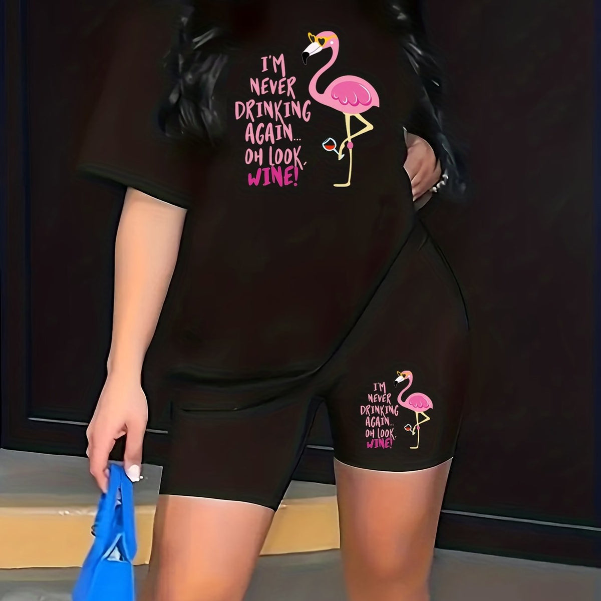  Casual Outfit Set Women's Slogan & Flamingo Print Crop Top & Shorts