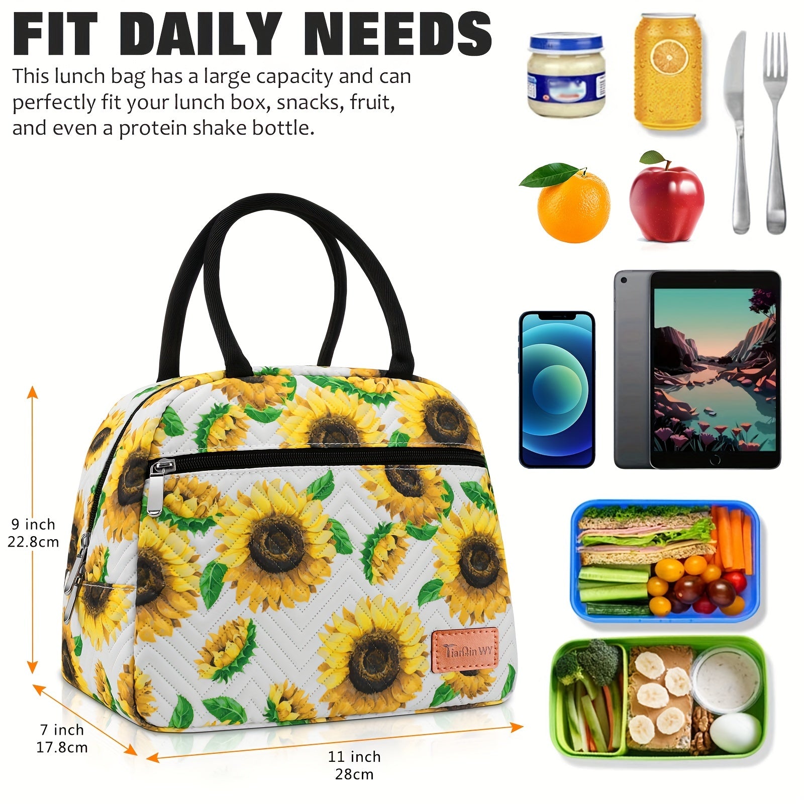 Sunflower Insulated Lunch Bag for Work School Picnic