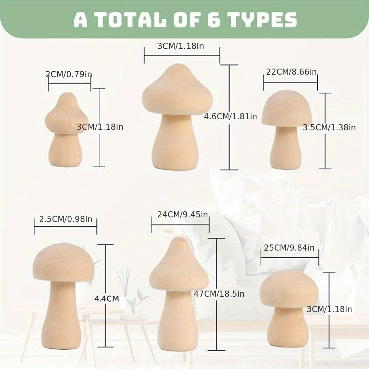 Set of 6 Wooden Mushrooms for DIY Crafts & Ornaments