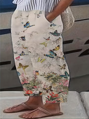  Butterfly Print Straight Leg Pants With Pockets