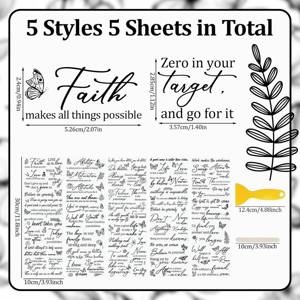 5pcs Inspirational Quotes & Butterfly Designs Rub On Transfer Stickers