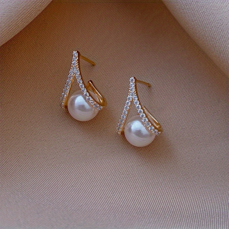 A Shaped Diamond Pearl Earrings - Wedding Party Christmas Earrings