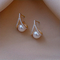 A Shaped Diamond Pearl Earrings - Wedding Party Christmas Earrings