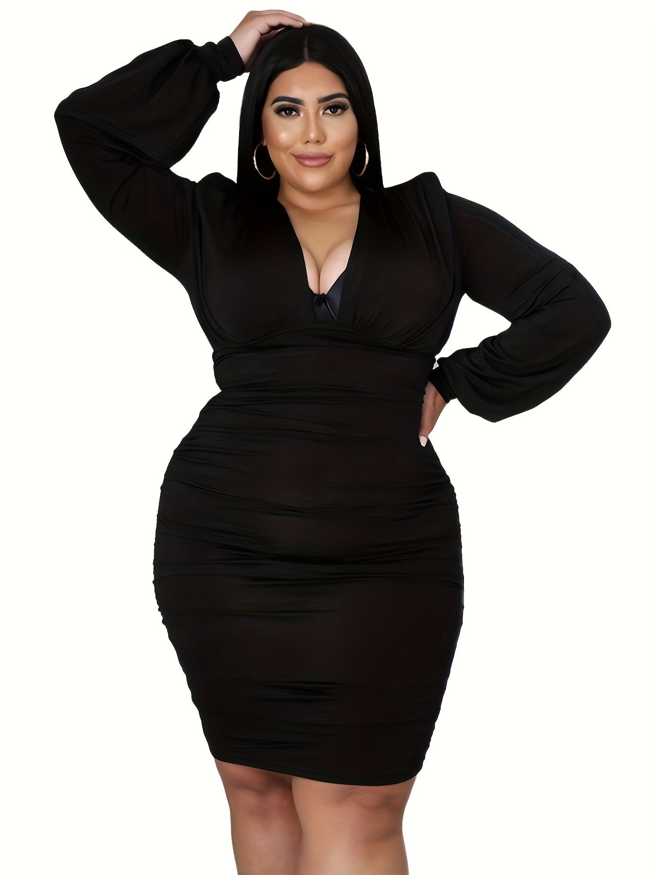  Women's Lantern Sleeve V-Neck Ruched Midi Dress