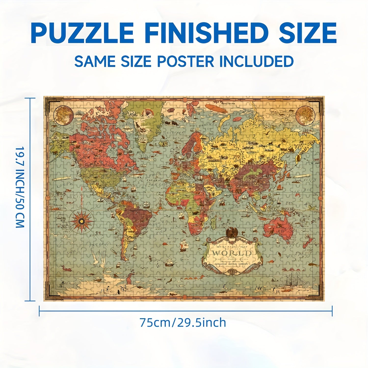 1000pcs Jigsaw Puzzle Retro World Map Wooden Crafts 19.25 x 26.75 inches