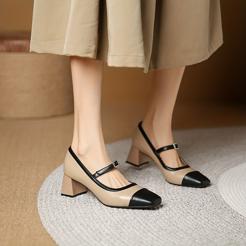 Colorblock Chunky Heels Square Toe Pumps Buckle Strap Dress Shoes