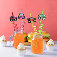 24pcs Monster Truck Big Cars Plastic Straws & 2pcs Brushes