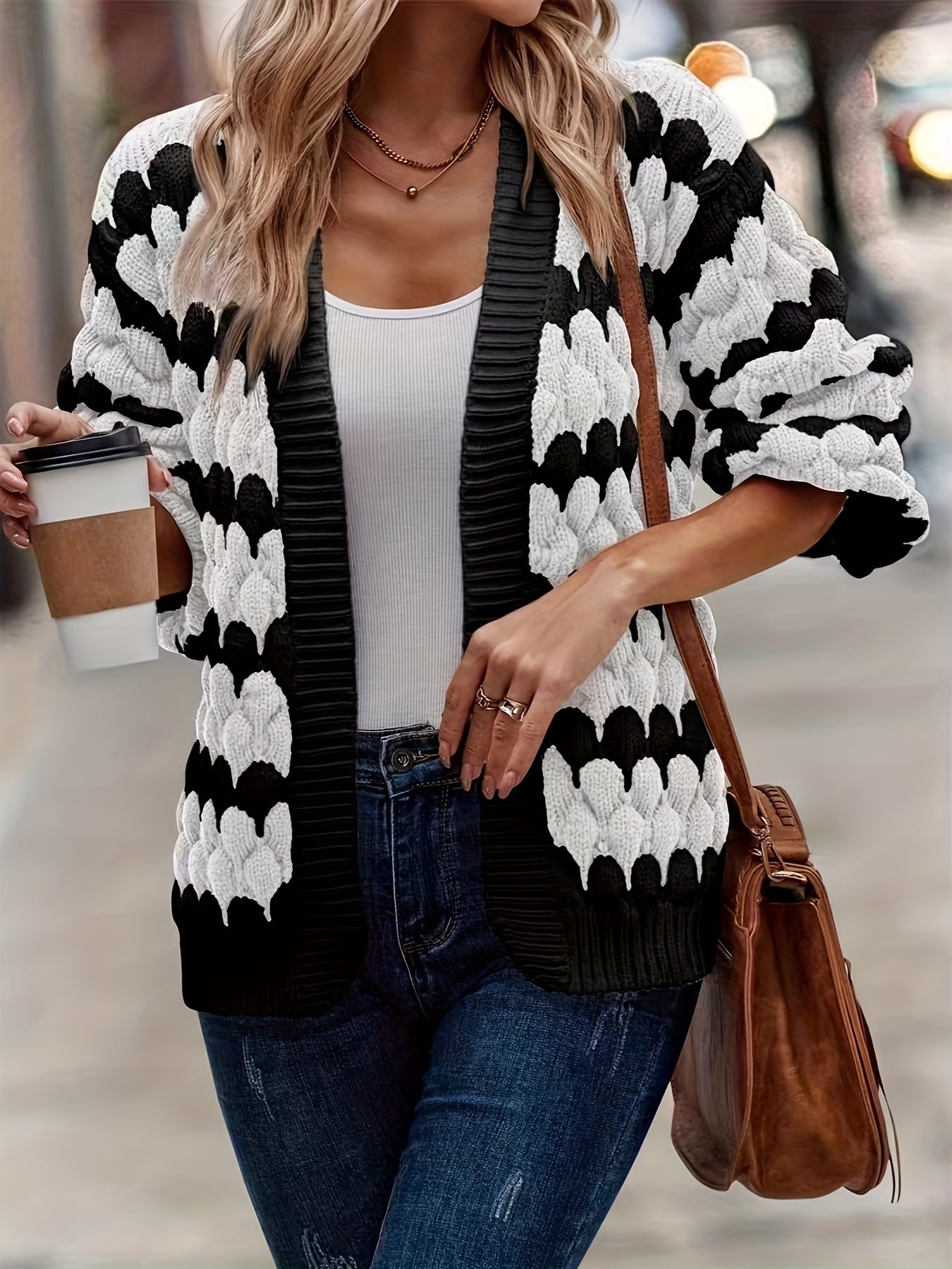  Colorblock Cable Long Sleeve Open Front Cardigan