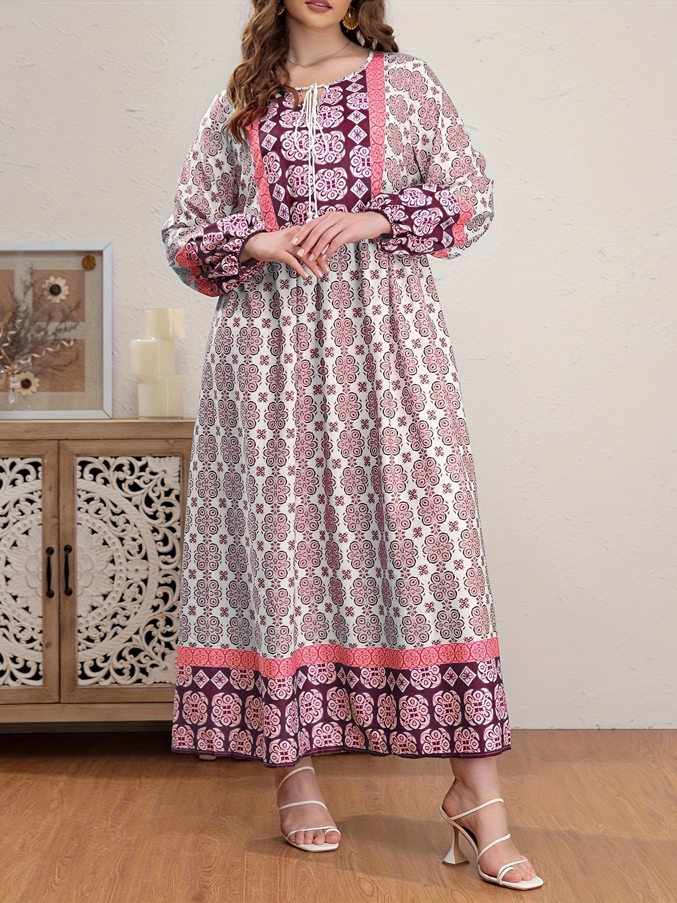  Boho Abaya Dress Women's Plus Allover Print Tassel Tie Neck