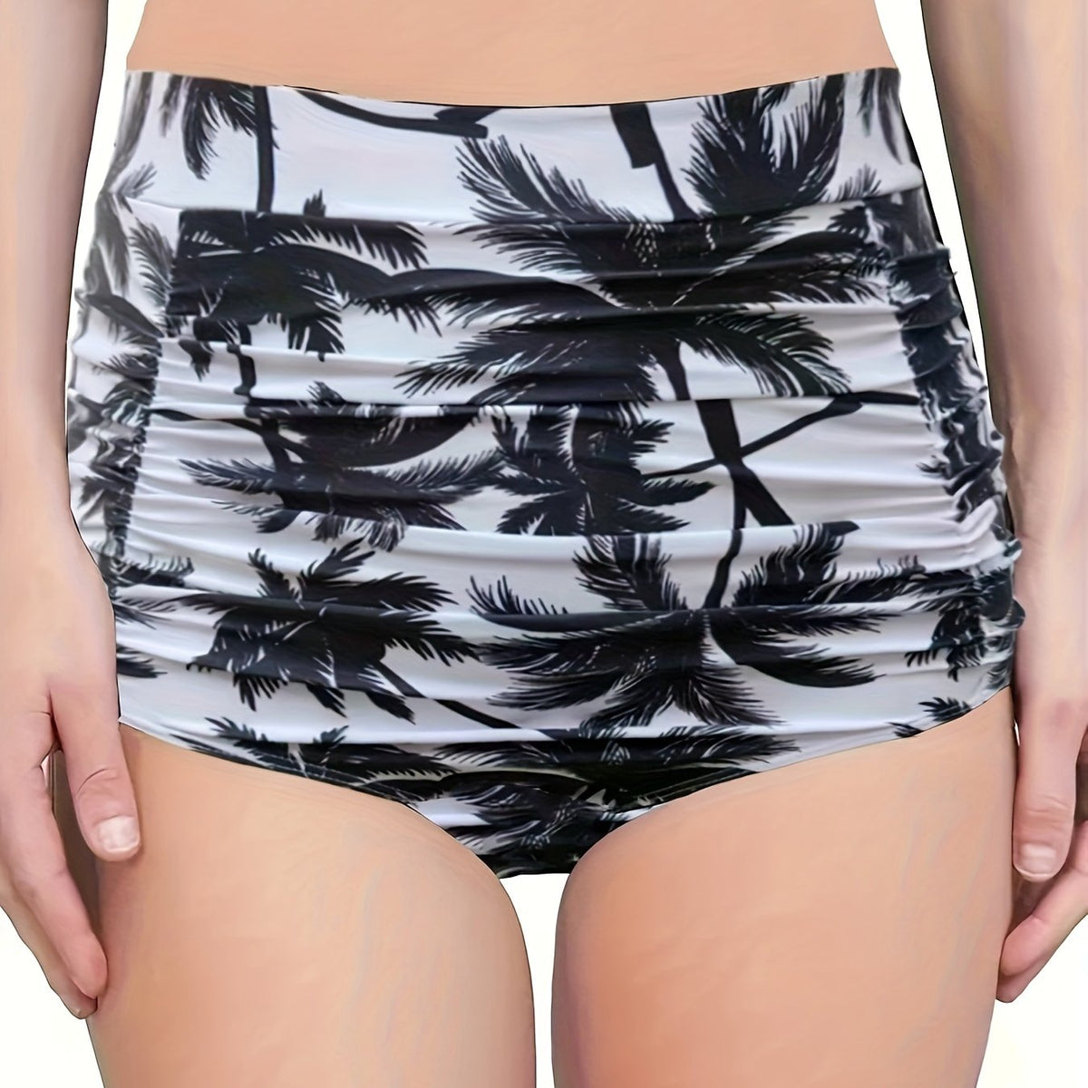 Coconut Tree Print Ruched High Waist Bikini Bottoms