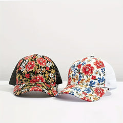 Red Flower Print Trucker Hat Breathable Sunscreen Dad Cap