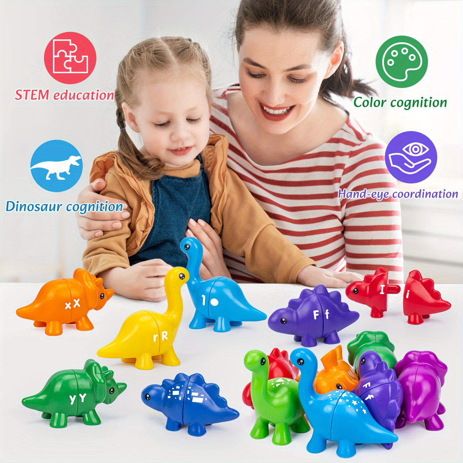 Dinosaur Pairing Toy Alphabet Number Pattern with Storage Bucket