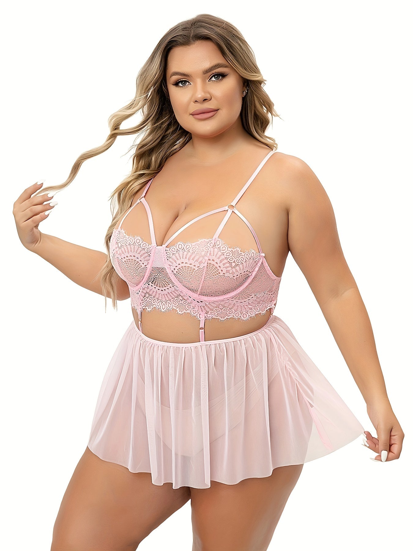  Sexy Dress Women's Plus Solid Pleated Floral Lace Cami Babydoll Dress