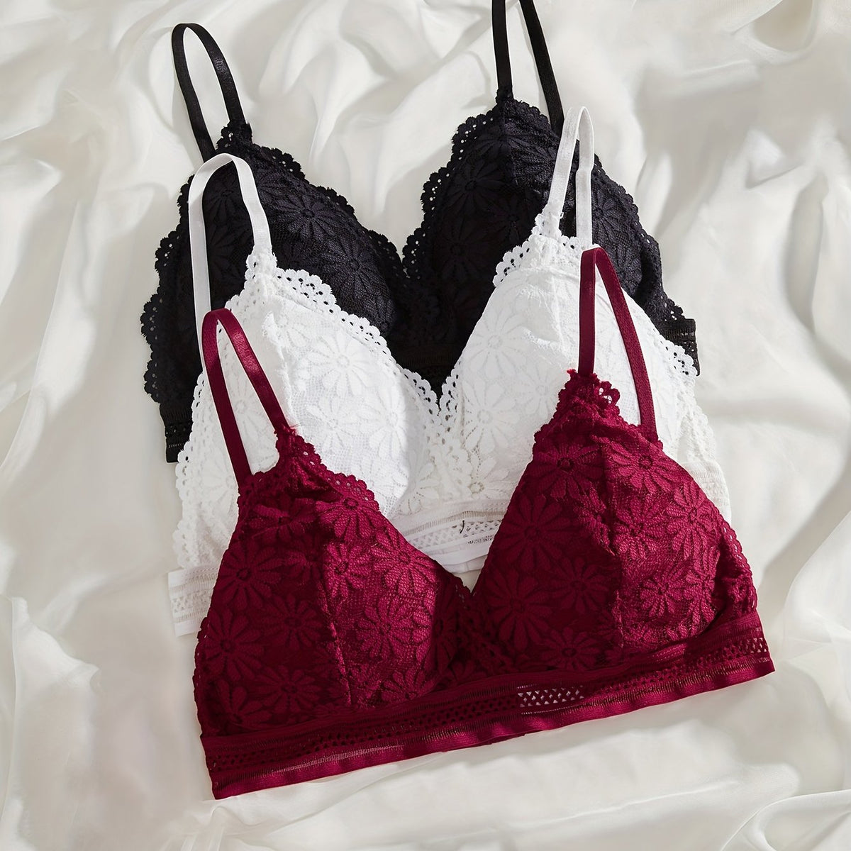 3pcs Lace Wireless Bras Comfy & Scallop Trim Bra Women's Lingerie