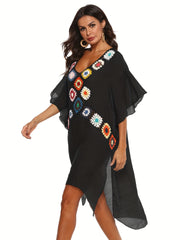 Crochet Floral Decor Beach Dress V Neck Semi Sheer Split Kaftan