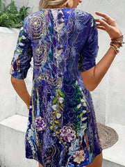  Floral Print Short Sleeve Notched Neck Dress