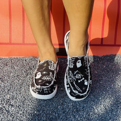 Women's Funny Halloween Print Shoes Casual Skull Pattern Slip On Canvas Shoes