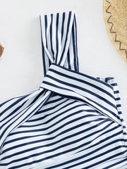 Striped Print Ruched Top High Cut Two Piece Swimsuit