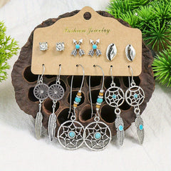 Boho Holiday Earrings Set Silver Geometric Retro Ear Jewelry