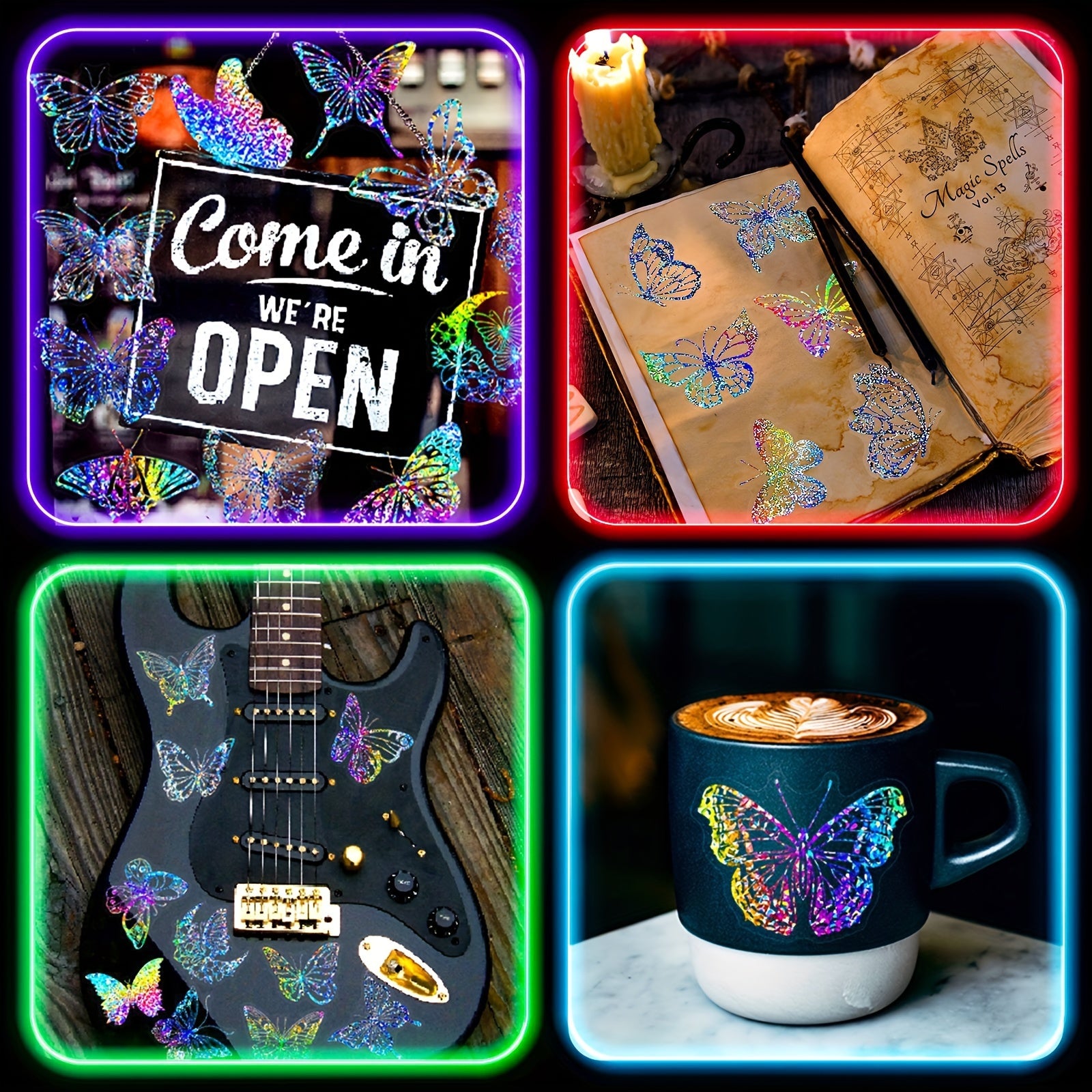 100 Holographic Butterfly Stickers Reusable Adhesive for Glass