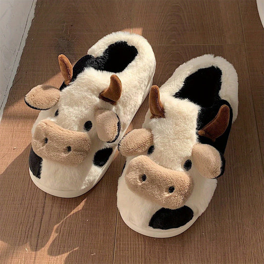 Funny Cartoon Cow Slippers Plush Lined Platform Slides