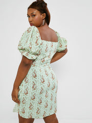 Floral Print Ruffle Trim Square Neck Short Sleeve Dress Plus Size