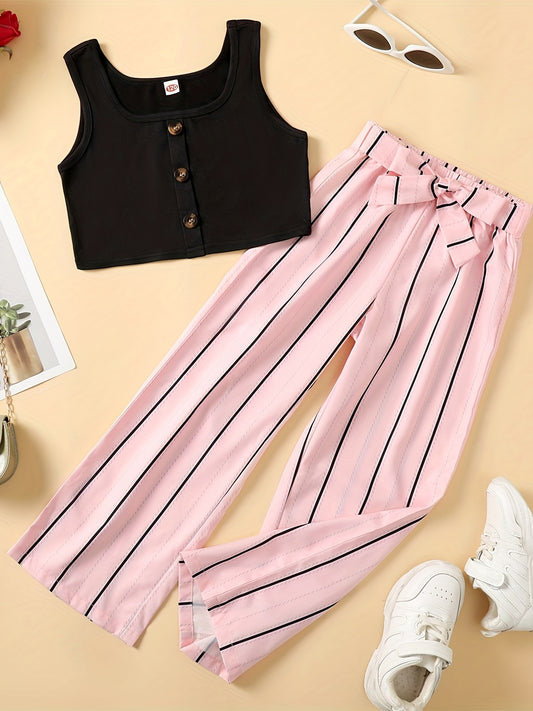 2pcs Toddler Girls Button Front Tank Tops & Vertical Stripes Belted Pants Set