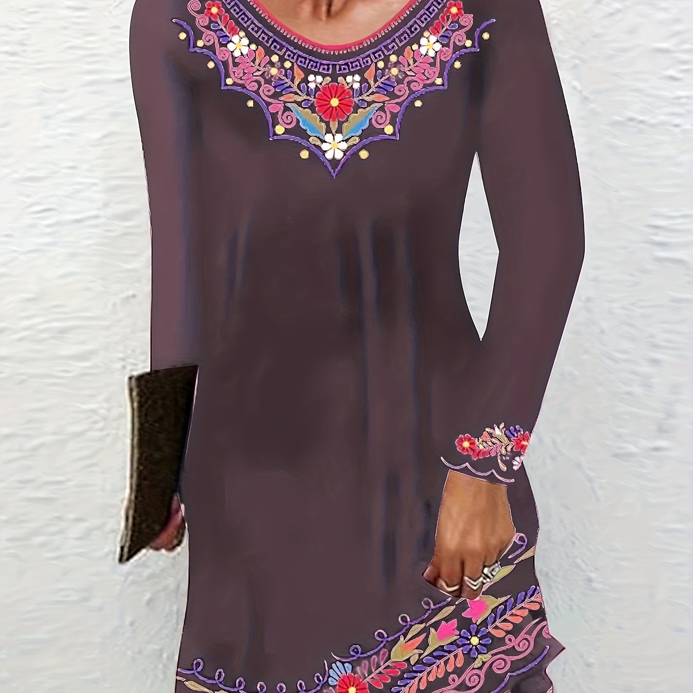  Floral Print Round Neck Long Sleeve Stretch Dress