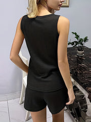Casual Two piece Set Notched Neck Sleeveless Tops & Drawstring Shorts