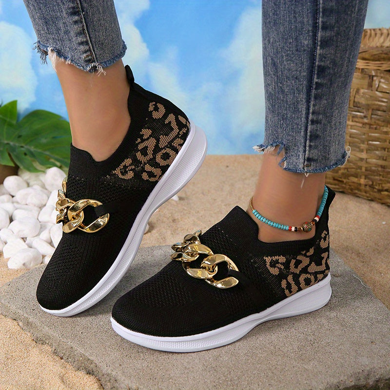 Leopard Print Sneakers with Chain Decor - Breathable Knit Low Top Shoes