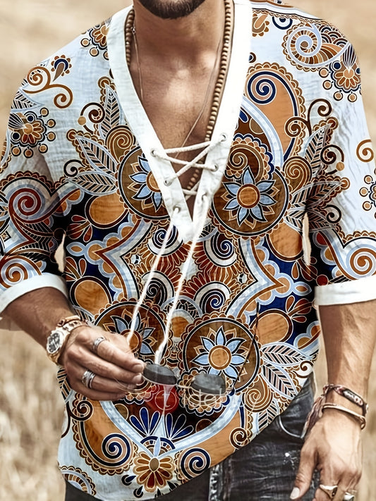 Men's Bohemian Pattern Shirt Top V Neck Lace Up Collar 3 4 Sleeves
