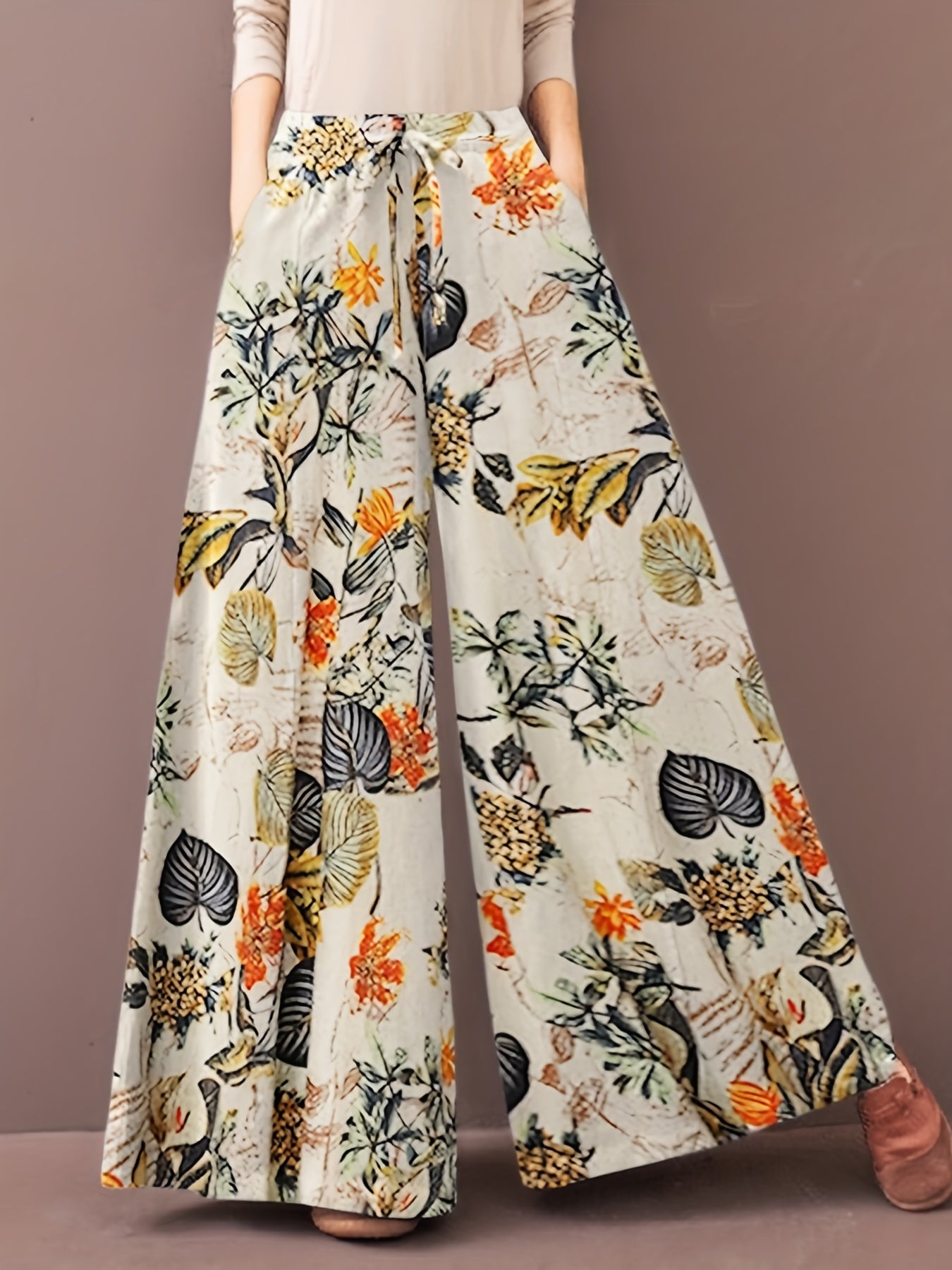  Floral Print Wide Leg Drawstring Pants With Pockets