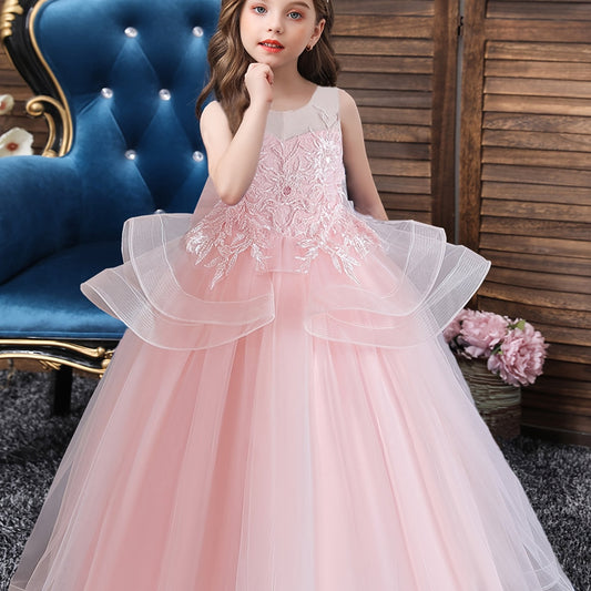 Girls Sleeveless Princess Dress Flower Embroidery Bow Decor Tulle Tutu Dress