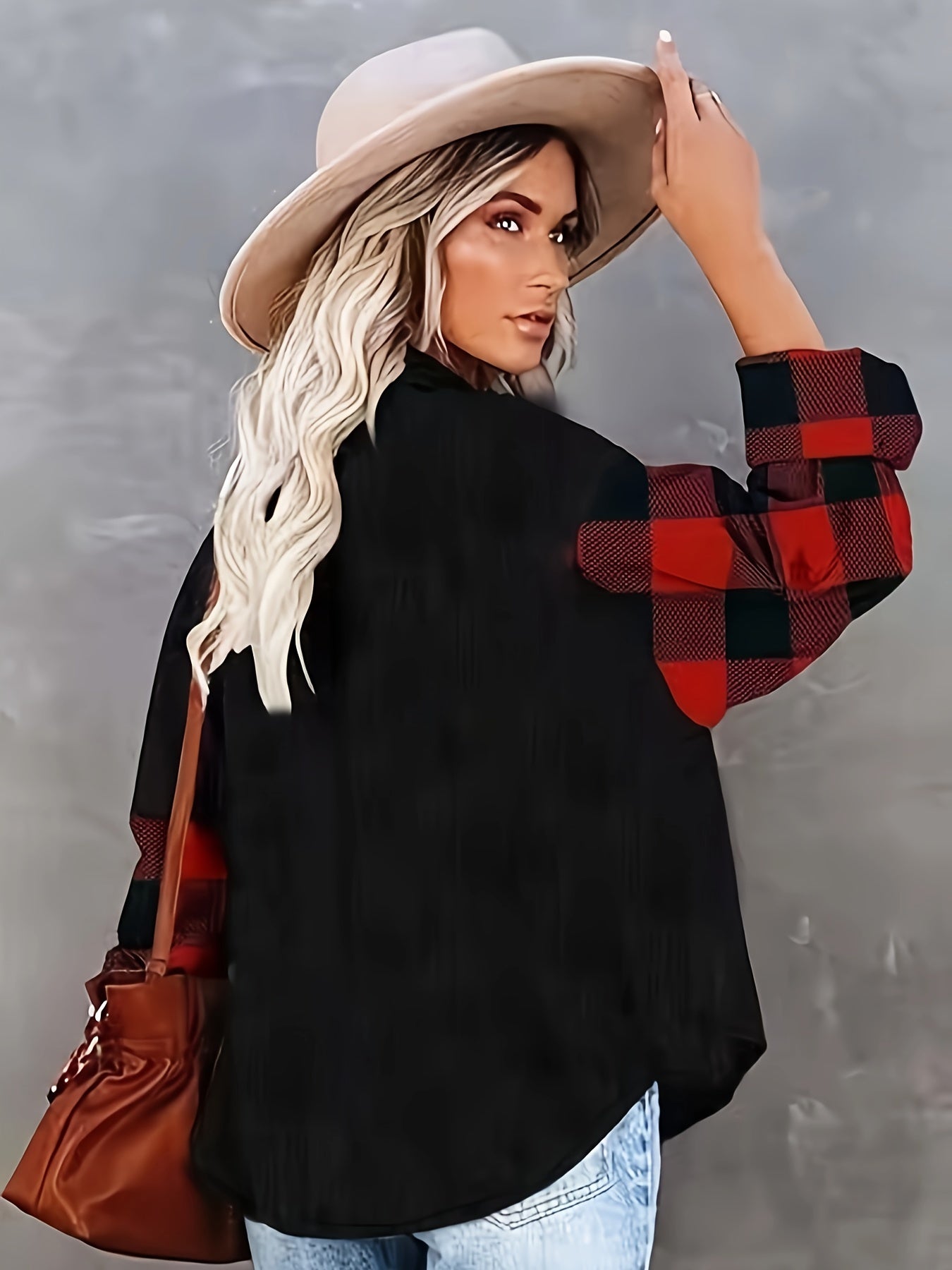  Colorblock Gingham Button Up Blouse