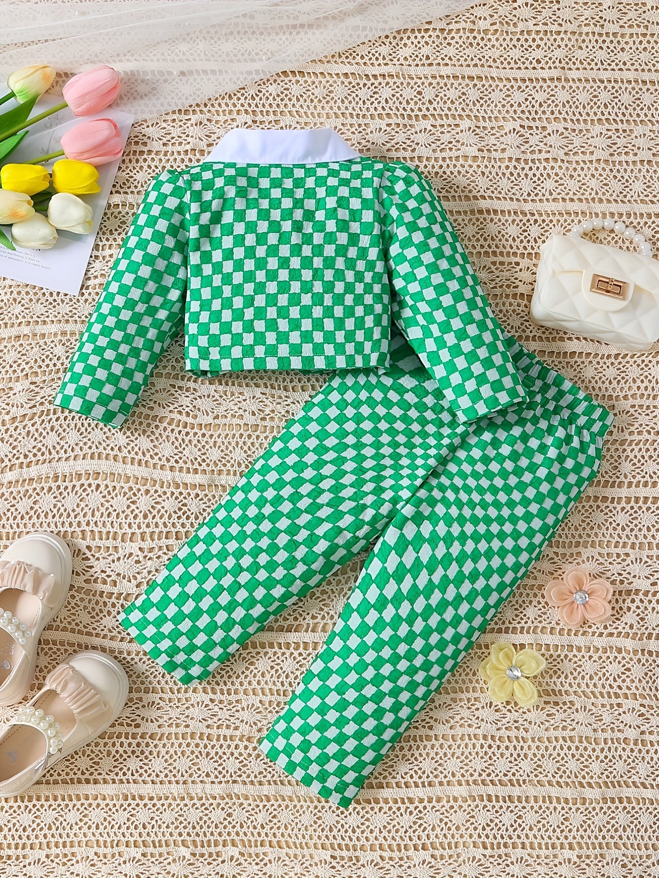Plaid Cardigan & Pants Set for Baby Girls