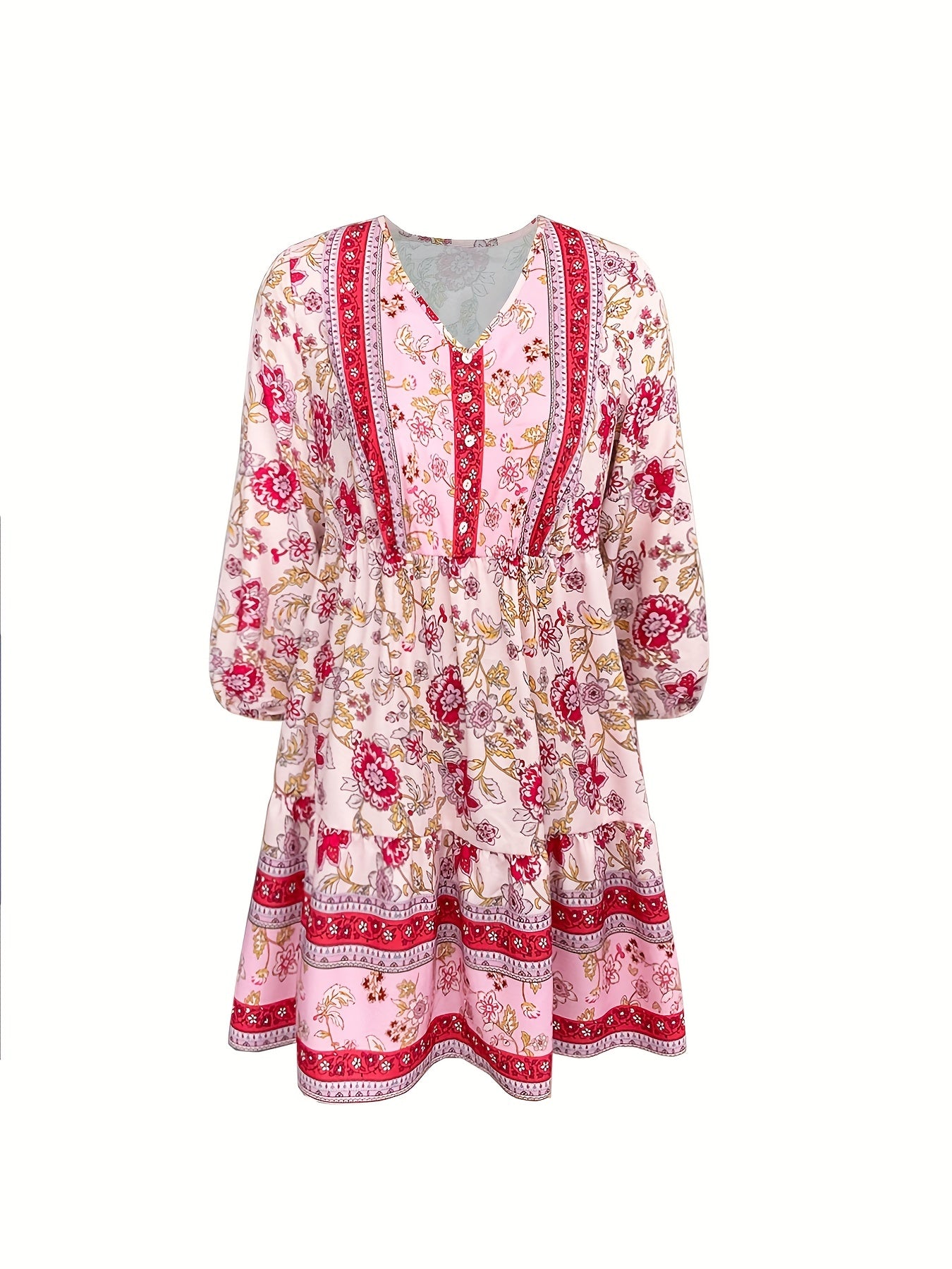  Boho Patchwork Print Ruffle Mini Dress