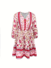  Boho Patchwork Print Ruffle Mini Dress