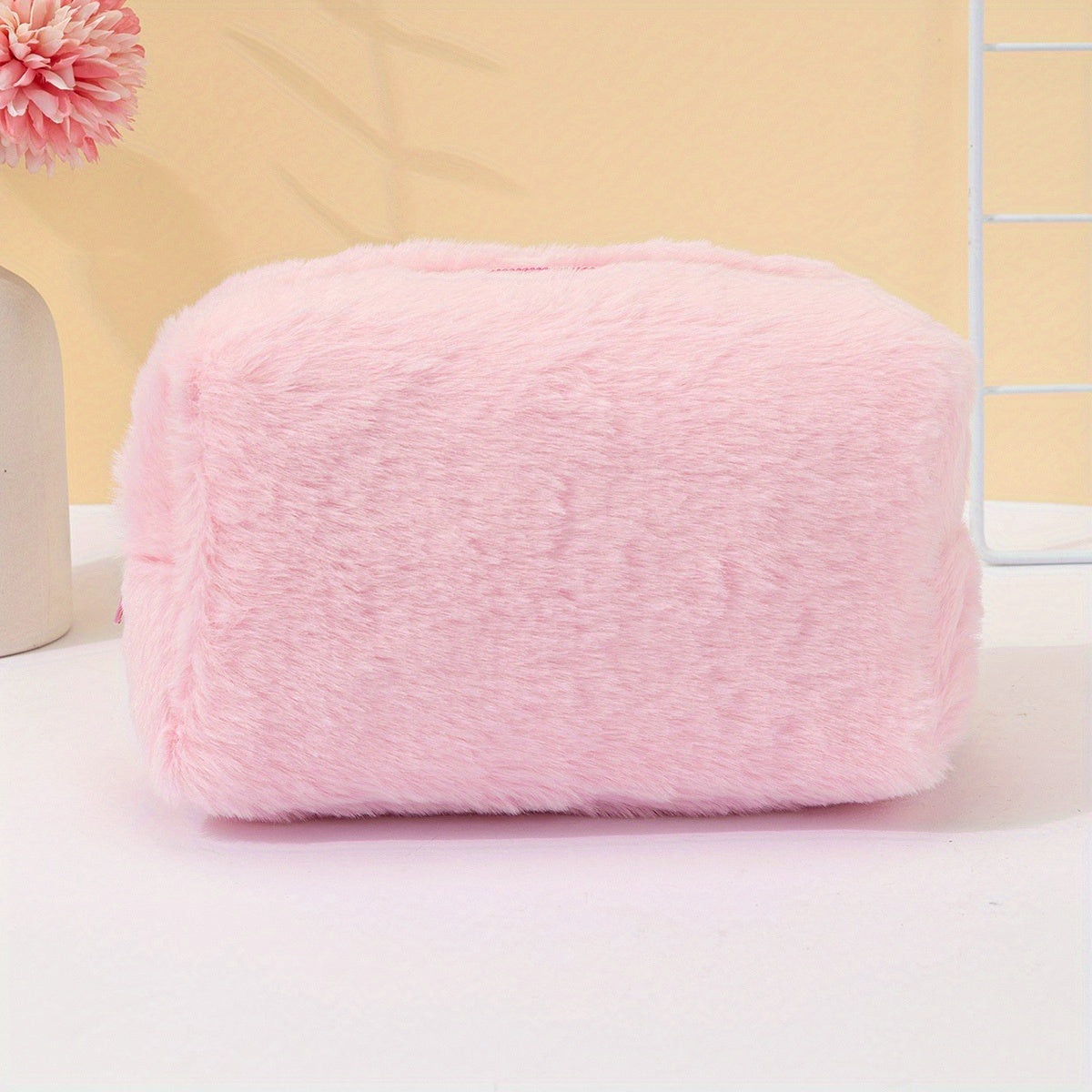 Pink Plush Cosmetic Bag Roomy Makeup Travel Portable Toiletry Organizer