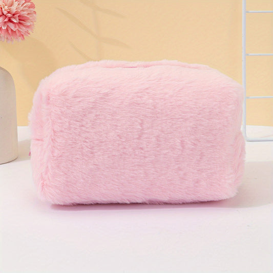 Pink Plush Cosmetic Bag Roomy Makeup Travel Portable Toiletry Organizer