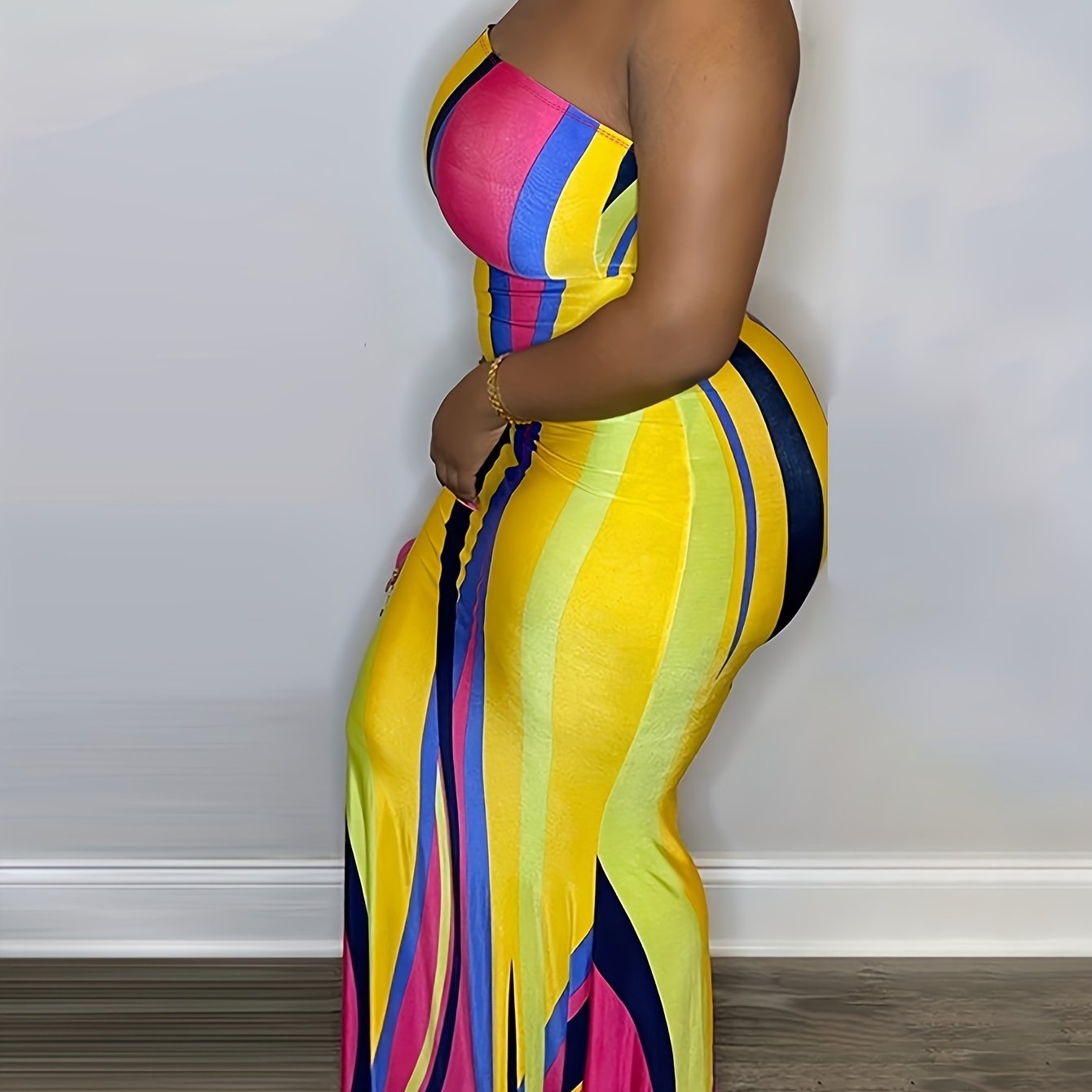  Contrast Stripe Bodycon Midi Maxi Dress