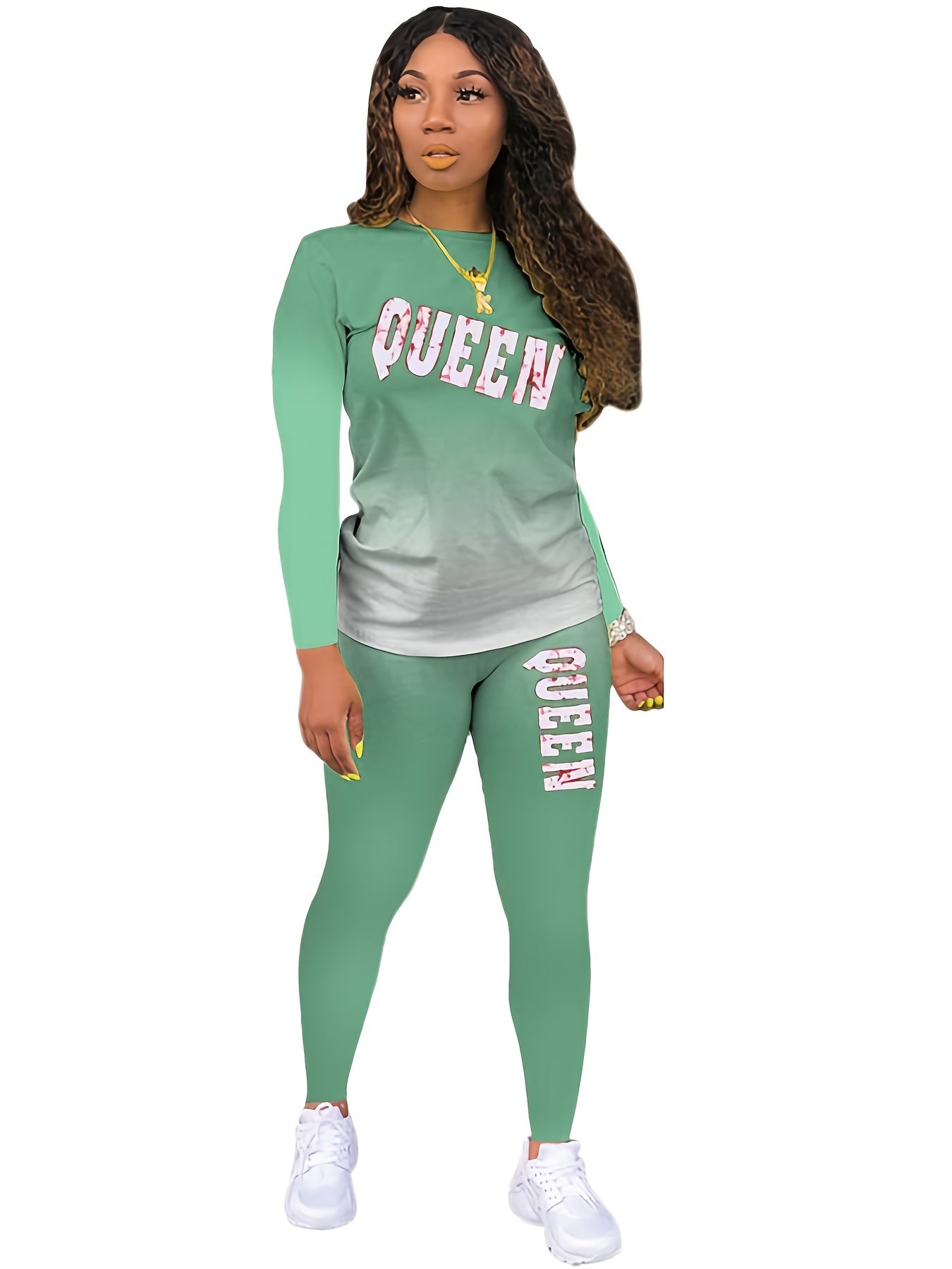  Letter Print Long Sleeve Tee & Skinny Pants Set Women's Plus