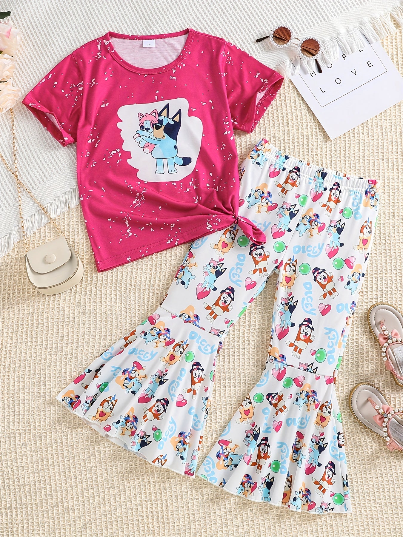 2 Pack Toddler Girls Tie Dyed Bell Bottom Suit Short Sleeve Tee & Pants Set